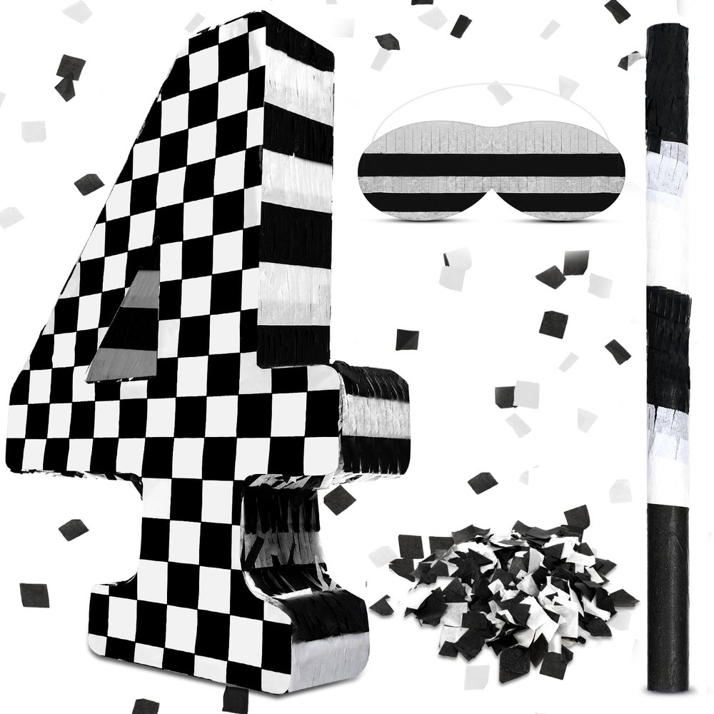 Lewtemi Race Car Number 4 Piata Small Checkered Race Car Birthday Party Decoration Black and White Racing Piata with Stick Confetti Eye Mask for Celebration 15.3 x 10.6 x 2.8 Inch