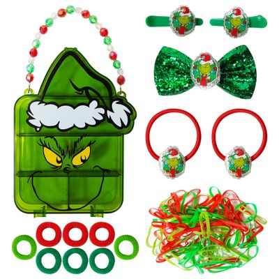 LUV HER Licensed Hair Accessory Case - The Grinch Hair Accessories Gift Set for Girls - Hair Clips, Elastics, Bow, and Terries - Grinch Christmas Hair Accessory Set - Ages 3 +