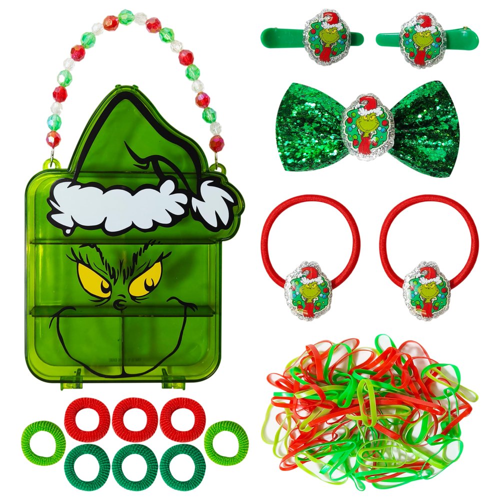 LUV HER Licensed Hair Accessory Case - The Grinch Hair Accessories Gift Set for Girls - Hair Clips, Elastics, Bow, and Terries - Grinch Christmas Hair Accessory Set - Ages 3 +