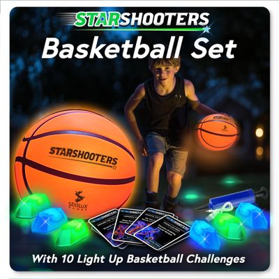 Starlux Games Light Up Basketball Set: Starshooters Rechargeable, w/10 Game & Training Modes + Marker Lights | Ages 8+ | Glow in The Dark | Sports & Basketball Gifts for Boys 8-12