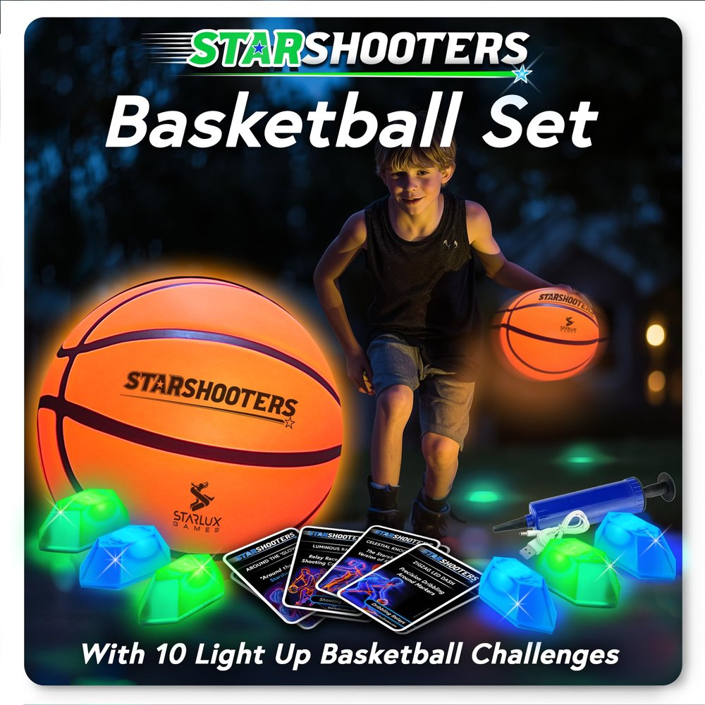 Starlux Games Light Up Basketball Set: Starshooters Rechargeable, w/10 Game & Training Modes + Marker Lights | Ages 8+ | Glow in The Dark | Sports & Basketball Gifts for Boys 8-12
