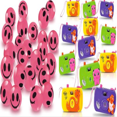 ArtCreativity Glow in The Dark Smile Face Bouncy Balls (Pink) & Kids Camera Toy Set (12 PCs)