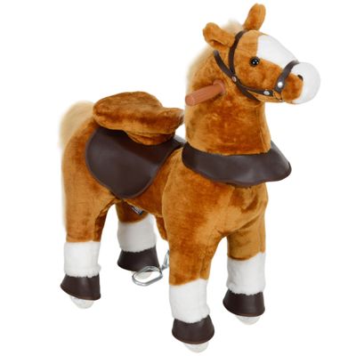 Qaba Ride on Horse, Walking Horse Toy, Kids Plush Riding Horse, Pony with Wheels & Neighing Sound for 3-5 Years Old up to 132 Pounds, Brown