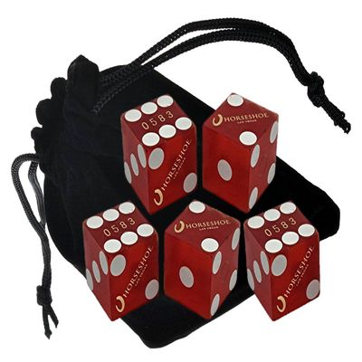 Wide Selection Authentic Las Vegas Casino Dice Craps Stick Sets with Matching Serial Numbers 5-Dice ... Plus Storage Pouch (Horseshoe - Red Frosted)