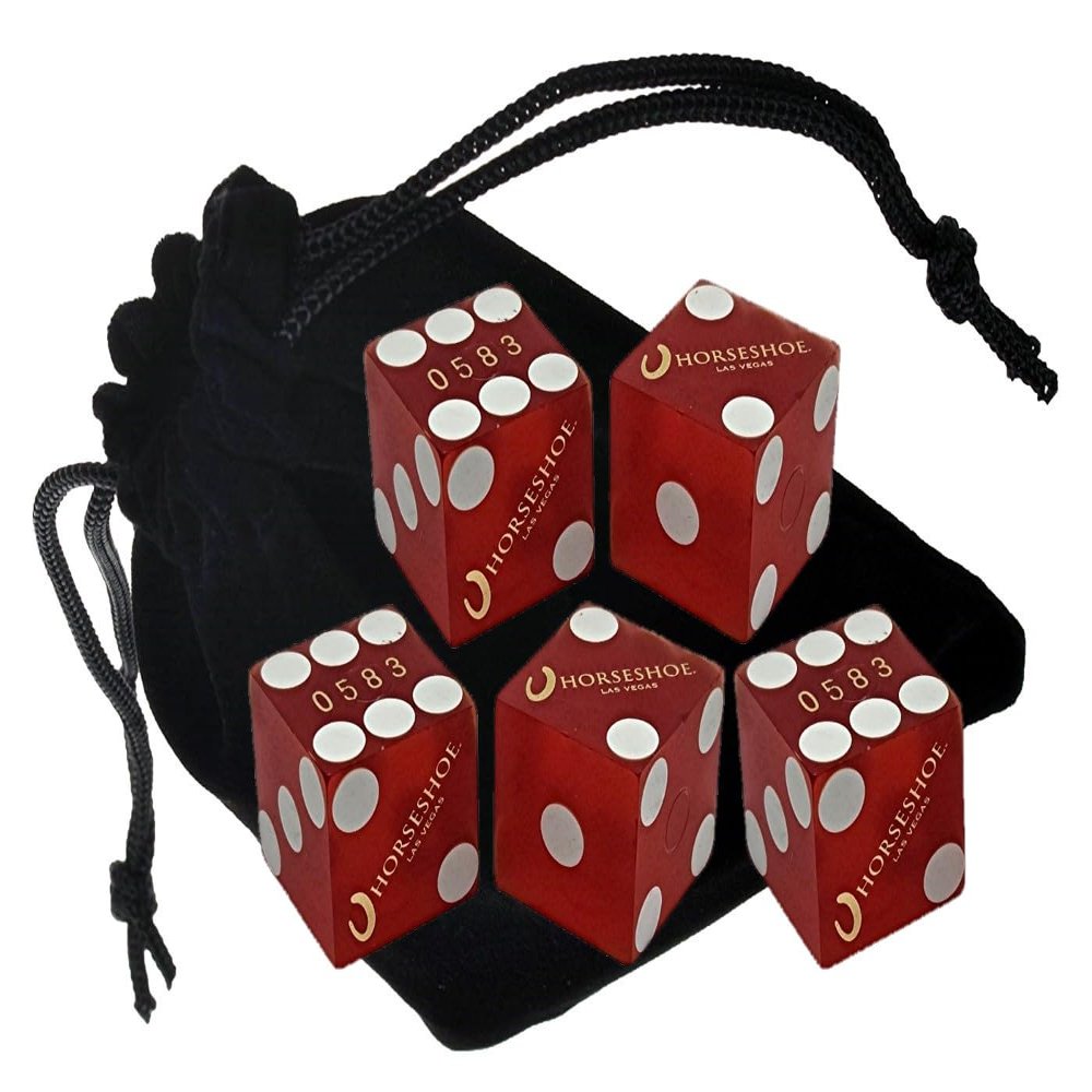 Wide Selection Authentic Las Vegas Casino Dice Craps Stick Sets with Matching Serial Numbers 5-Dice ... Plus Storage Pouch (Horseshoe - Red Frosted)