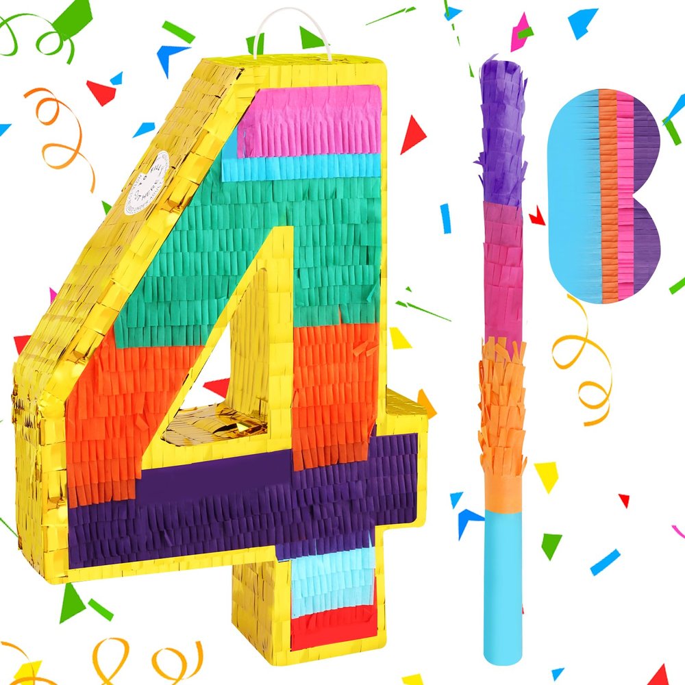 Adecortalk Rainbow Number 4 Pinata for Kids 4th Birthday Party Supplies, Fiesta, Centerpieces, Anniversary Celebrations (16.1 x 10.6 x 3.2 Inches)