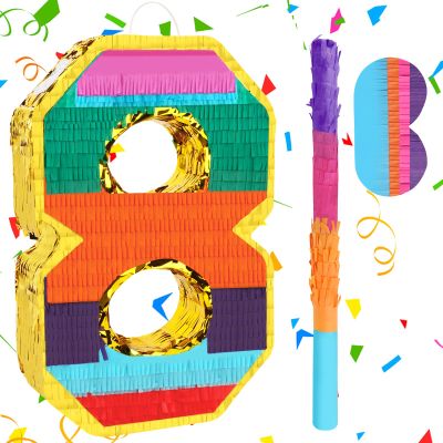 Adecortalk Rainbow Number 8 Pinata Rainbow Pinata with Bat Stick Blindfold for Kids 8th Birthday Party Supplies Fiesta Centerpieces Anniversary Celebrations (16.1 x 10.6 x 3.2 Inches)