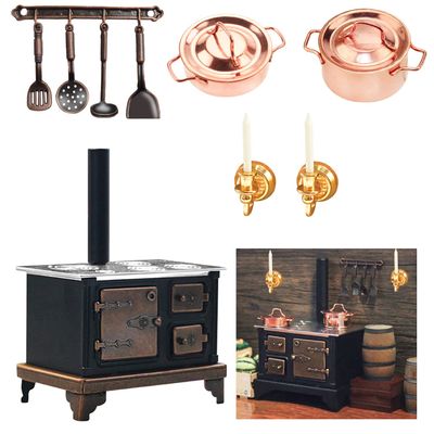 1/12 Miniature Cooking Stove with Metal Wall Candle Holder, Pots, Mini Spoon & Spatula, Vintage Iron Stove for Dollhouse Kitchen, Decorative Tools & Miniature Furniture (B-Bronze)