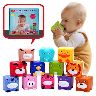 beeqoo Soft Baby Blocks Stacking & Building Toys for Babies and Toddlers 12 No Hole Squeeze Animals Blocks Sensory Teething Toys for Infant 6 Months+