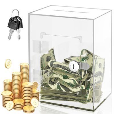 Acrylic Piggy Bank, Clear Money Saving Box with Key, Adults & Kids Savings Jar