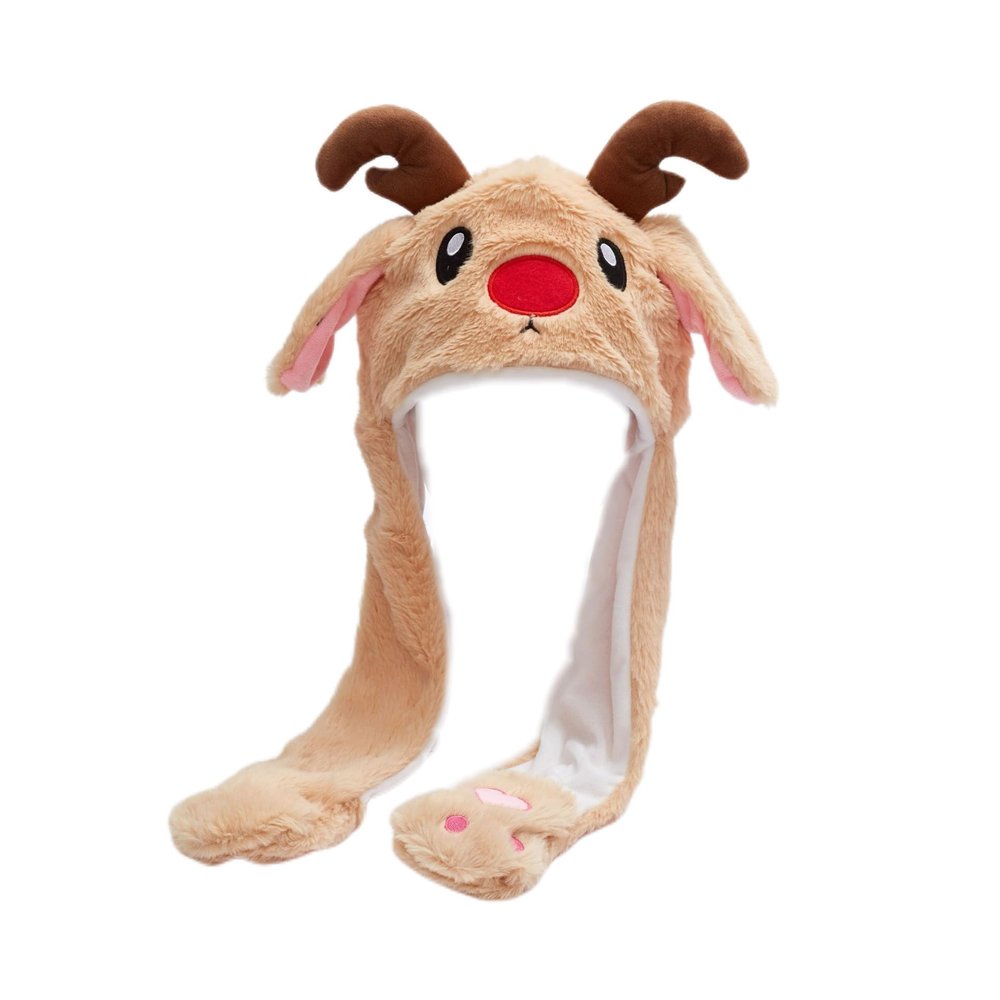 Jwqqwdza Cute Christma Reindeer Hat with Moving Ears, Plush Flap Hat with Paw, Jumping Beating Cap for Boys Girls Gift (Cute Reindeer)