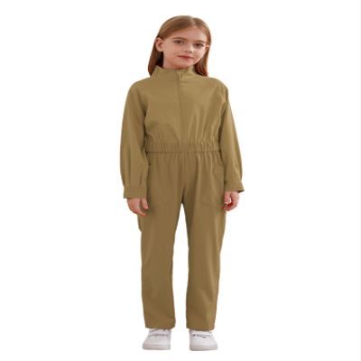 TiaoBug Kids Girls Halloween Mechanic Costume Boiler Suit Long Sleeve Coverall Jumpsuit Overall Workwear Flight Suit Khaki 11-12 Years
