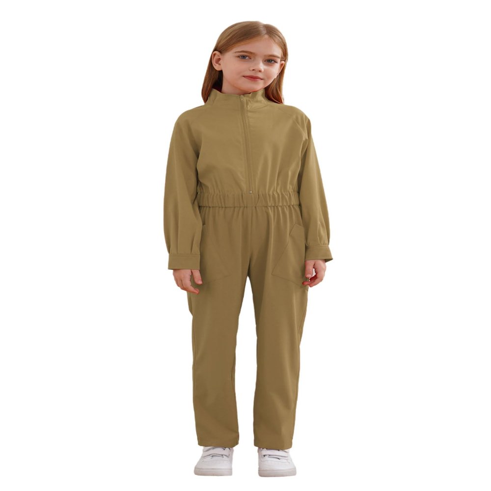 TiaoBug Kids Girls Halloween Mechanic Costume Boiler Suit Long Sleeve Coverall Jumpsuit Overall Workwear Flight Suit Khaki 11-12 Years