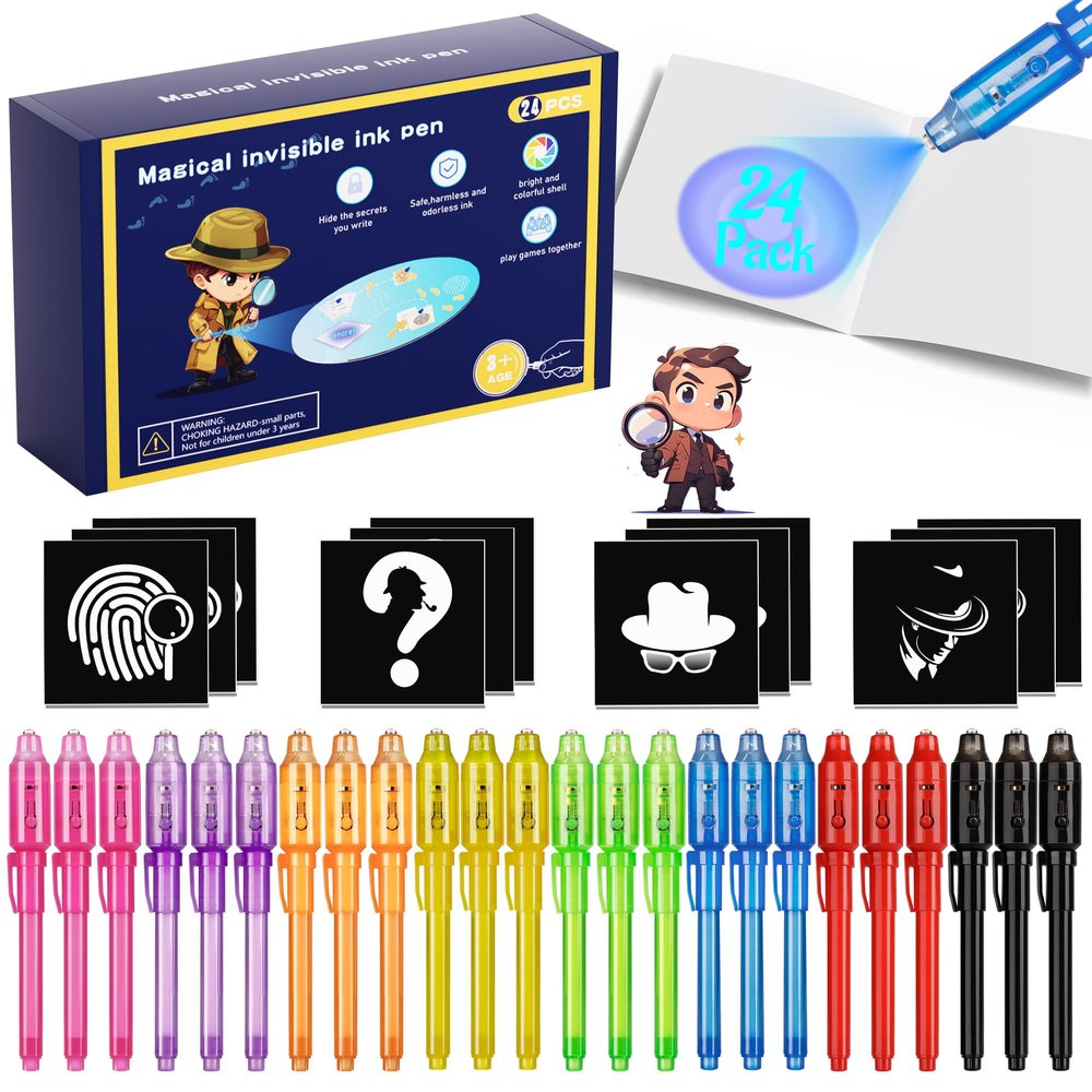 inkipen Invisible Ink Pen 24Pcs+ Notebooks, Spy Pens with UV Light, Magic Marker, Classroom Prize, Birthday Party Favors for Kids 8-12, Kids Stocking Stuffers
