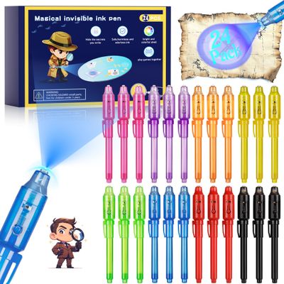 inkipen Invisible Ink Pen 24Pcs, Spy Pens with UV Light, Magic Marker, Classroom Prize, Birthday party favors for kids 8-12, Kids Christmas Gift Stocking Stuffers