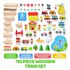 110PCS Wooden Train Set - Toy Magnetic Trains with Wooden Track Set for Kids Ages 3-8, City Scene Railway Set, Perfect Christmas Birthday Gift for Grandkids Toddlers Boys Girls view 3