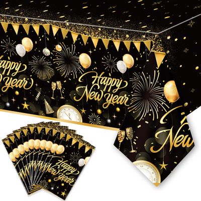 10PCS Happy New Year Tablecloth, Disposable Black Gold NYE Party Tablecloth Decorations, Rectangular Plastic Table Cover NYE Theme Party Supplies for Decorations, 108 x 54