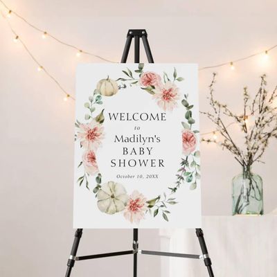 Floral Pumpkin Baby Shower Welcome Sign Fall Poster/Canvas Autumn Welcome Baby Shower Sign Pink Pumpkin Baby Shower Decorations Custom Welcome Sign For Baby Girls Baby Boys