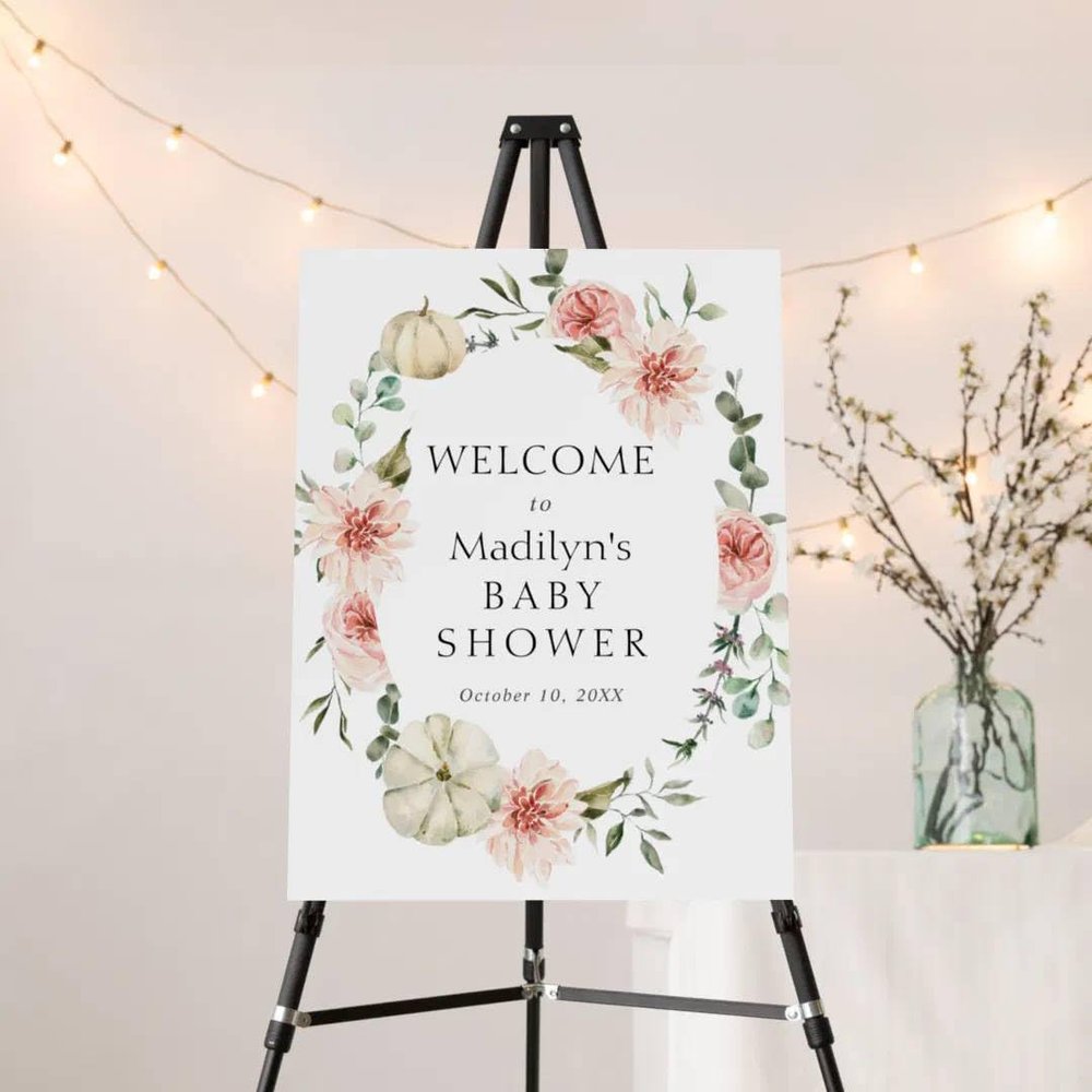Floral Pumpkin Baby Shower Welcome Sign Fall Poster/Canvas Autumn Welcome Baby Shower Sign Pink Pumpkin Baby Shower Decorations Custom Welcome Sign For Baby Girls Baby Boys
