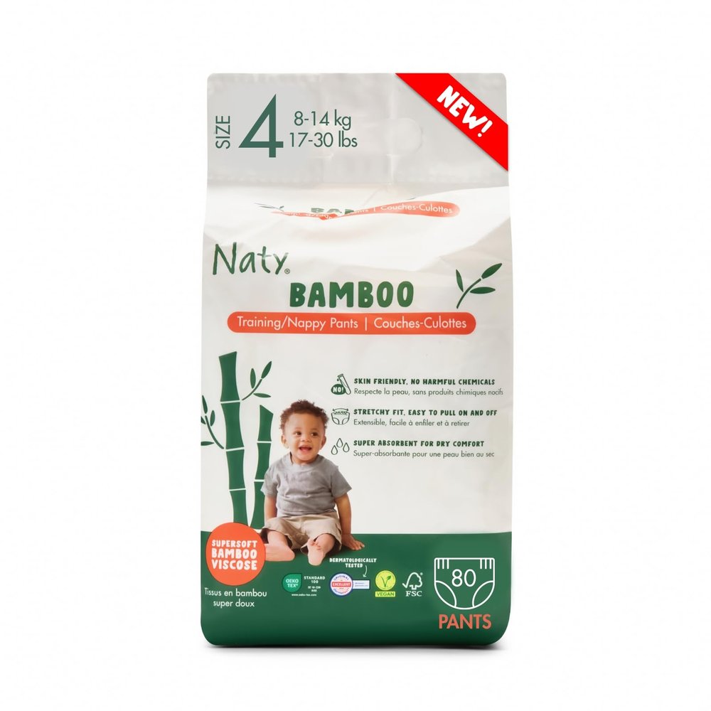 Naty Bamboo Viscose Training Pants Potty training underwear, Pull ups, Eco-Friendly, Silky Soft, Hypoallergenic, for Sensitive Skin & Super Absorbent (Size 4, 80 Count)