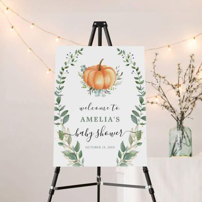 Greenery Pumpkin Baby Shower Welcome Sign Fall Poster/Canvas Autumn Welcome Baby Shower Sign Gold Pumpkin Baby Shower Decorations Custom Welcome Sign For Baby Girls Baby Boys