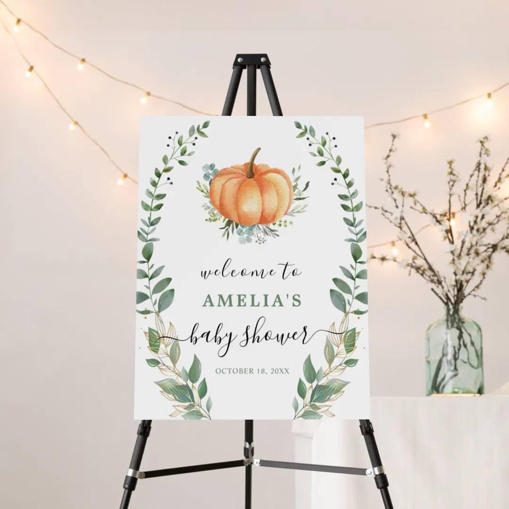 Greenery Pumpkin Baby Shower Welcome Sign Fall Poster/Canvas Autumn Welcome Baby Shower Sign Gold Pumpkin Baby Shower Decorations Custom Welcome Sign For Baby Girls Baby Boys