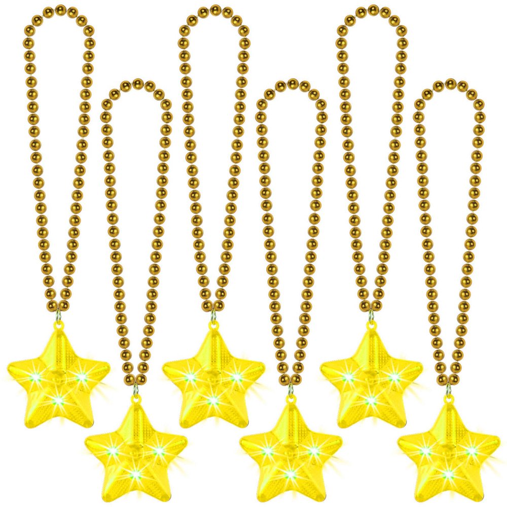 NUDALA 6 Pack Yellow LED Glow Star Necklace Bulk Beaded Necklaces for Halloween Christmas Decorations Mardi Gras Party Favors