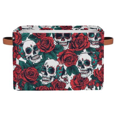 HSYOYO Skulls And Roses Storage Basket with Handles Collapsible Storage Bins Rectangular Toy Storage Organizer Box Fabric Shelf Baskets for Nursery Bedroom Bathroom 1PC