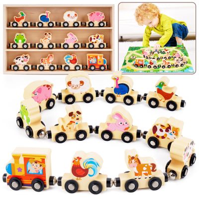 Montessori Wooden Train Toy for 1 2 3 Years Old Toddlers | 12 Magnetic Animals Train Kids Box, STEM Educational Toy with Game Map | 1st 2nd Birthday for Boys Girls