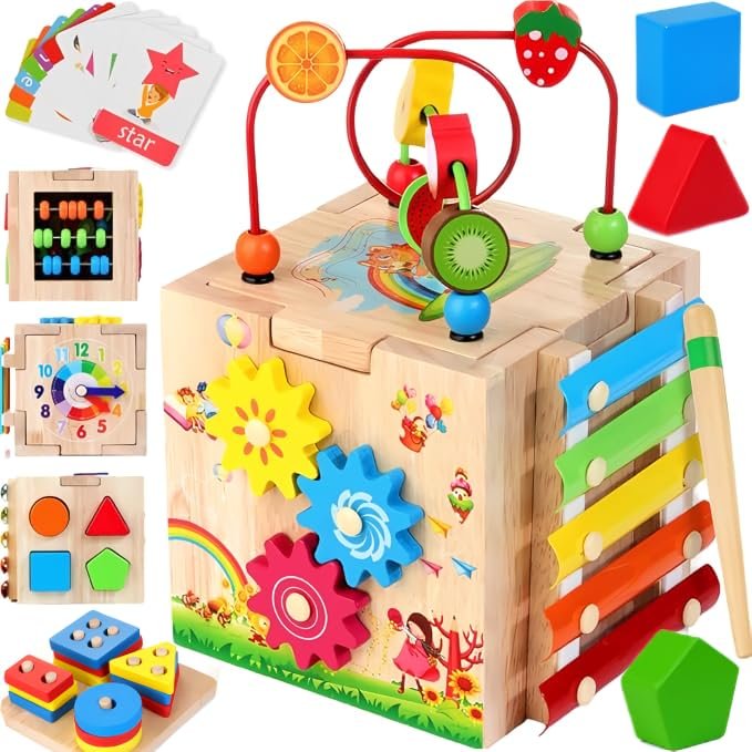 Batlofty Wooden Activity Cube, 8-in-1 Montessori Toys for 1 2 Year Old Girl Boy Toddler| Sensory Educational Learning Toys 12-18 Months | 1st Birthday Gifts, Bead Maze | Bonus Sorting & Stacking Board