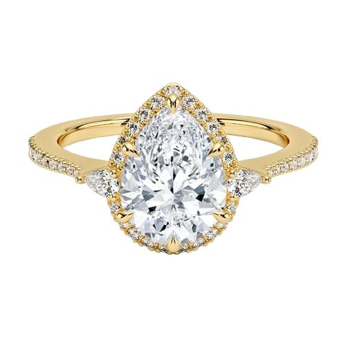 Pear Shape Moissanite Engagement Ring, 1-4 CT Center Stone Anniversary Promise Ring, Halo Accent Diamond Wedding Ring In Silver & Gold, Gift For Women (Yellow, 2 Carat)