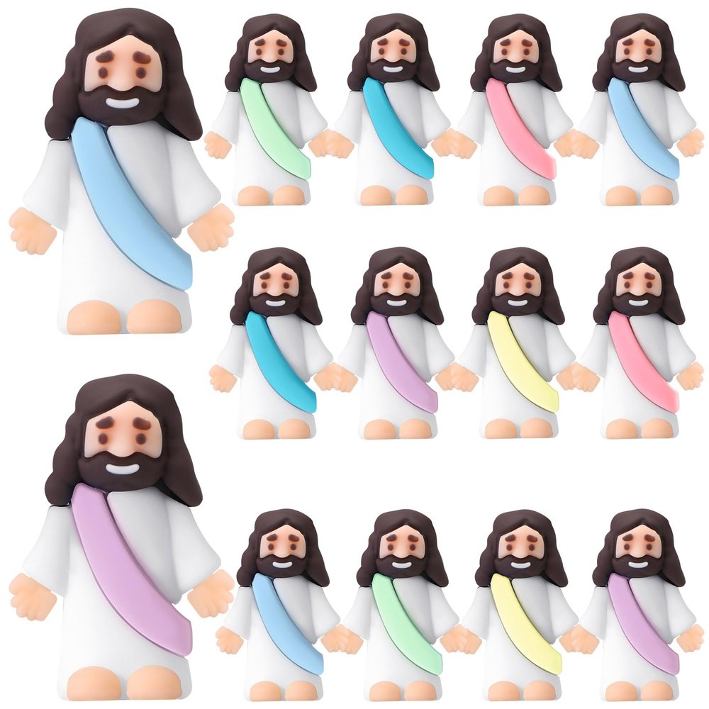 Bememo 12 Pcs Little Jesus Love You Figure Original Rubber Easter to Hide and Seek March for Jesus Religious Party Favors Sunday School Baptism Easter Gifts(Macaron Colors)