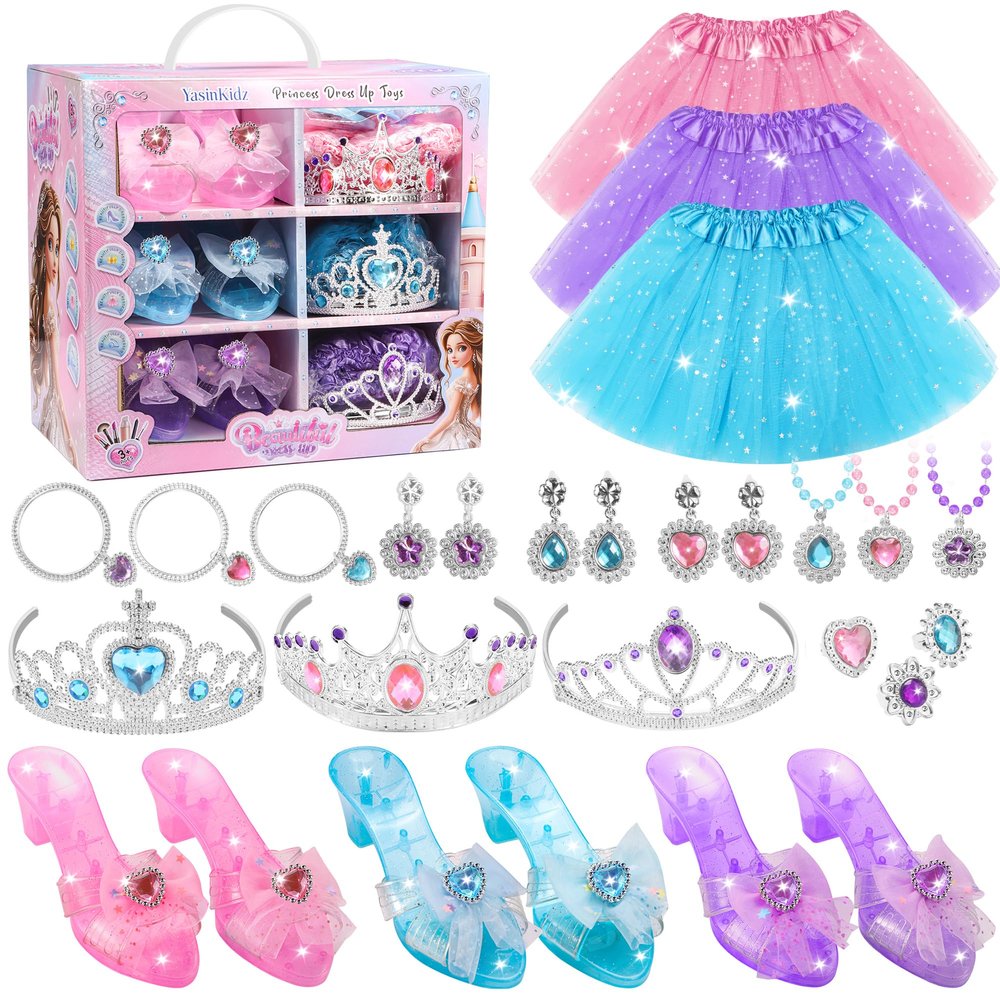Princess Dress Up Toys, Jewelry Boutique Kit, 3 Color Skirts, Shoes, Crowns, Girls Toys for 3 4 5 6 Year Old