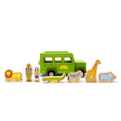 Jack Rabbit Creations- Magnetic Safari Eco Rover Truck- 8 Piece Wooden Playset- Includes Lion, Alligator, Zebra, Giraffe, Elephant and Park Rangers- Motor Skills Toy- Toddlers 3+