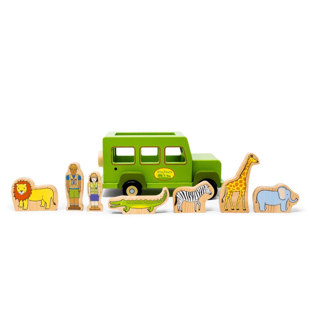 Jack Rabbit Creations- Magnetic Safari Eco Rover Truck- 8 Piece Wooden Playset- Includes Lion, Alligator, Zebra, Giraffe, Elephant and Park Rangers- Motor Skills Toy- Toddlers 3+