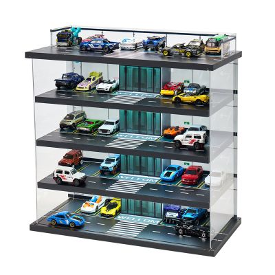 Display Case Compatible with Hot Wheels Garage & Matchbox Cars with LED Light 1/64 Scale Diecast Toy Cars Storage Case 5 Level Holds Max 75 Cars Storage Case for Hot Wheels Garage Gifts for Collector