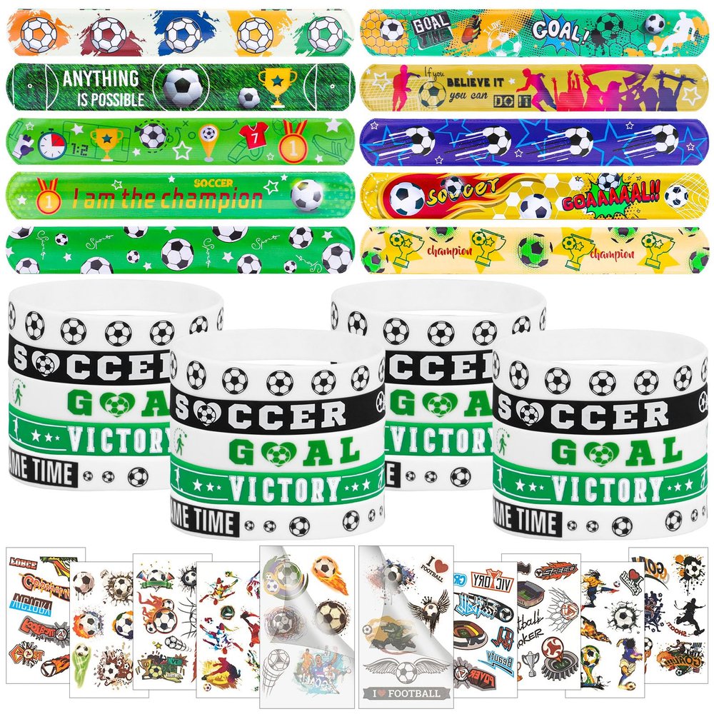 Alomois 60PCs Soccer Party Favor Soccer Silicone Bracelet Soccer Slap Bracelet Tattoos for Sports Themed Birthday Party Decor Goodie Bag Fillers(Soccer)