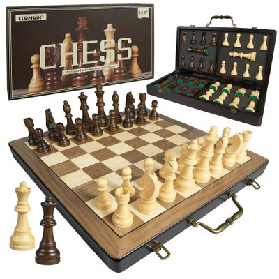 18.5" Wooden Chess Set with Handle,Chess Sets for Adults Kids Portable Folding Board Games with 4.5" King 2 Extra Queens,Handmade Weighted Large Pieces with Storage Slots