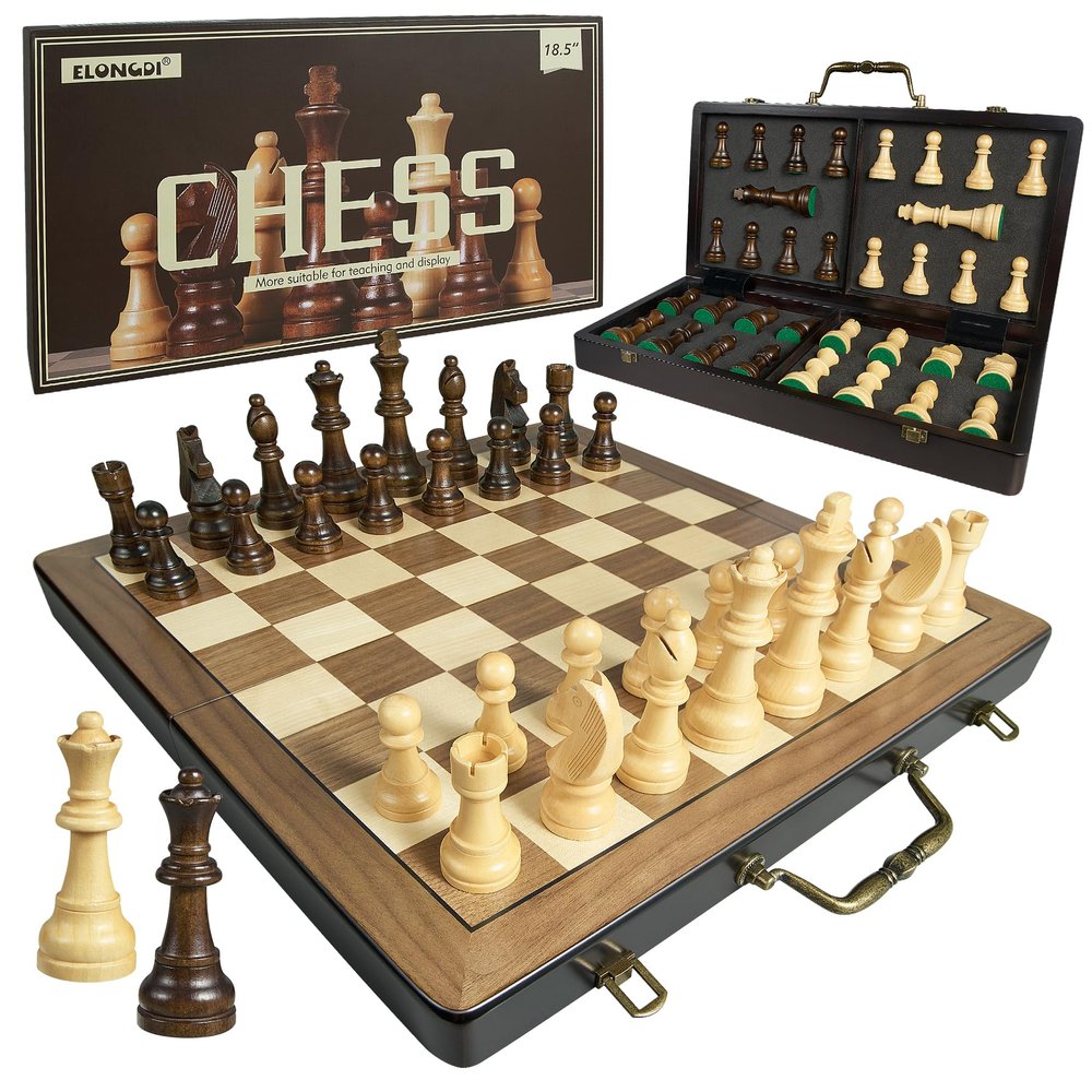 18.5" Wooden Chess Set with Handle,Chess Sets for Adults Kids Portable Folding Board Games with 4.5" King 2 Extra Queens,Handmade Weighted Large Pieces with Storage Slots
