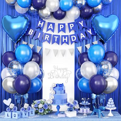 Blue Silver & Navy Blue White Balloons Heart Foil Balloons Gold Happy Birthday Banner Fringe Curtain for Party Decorations