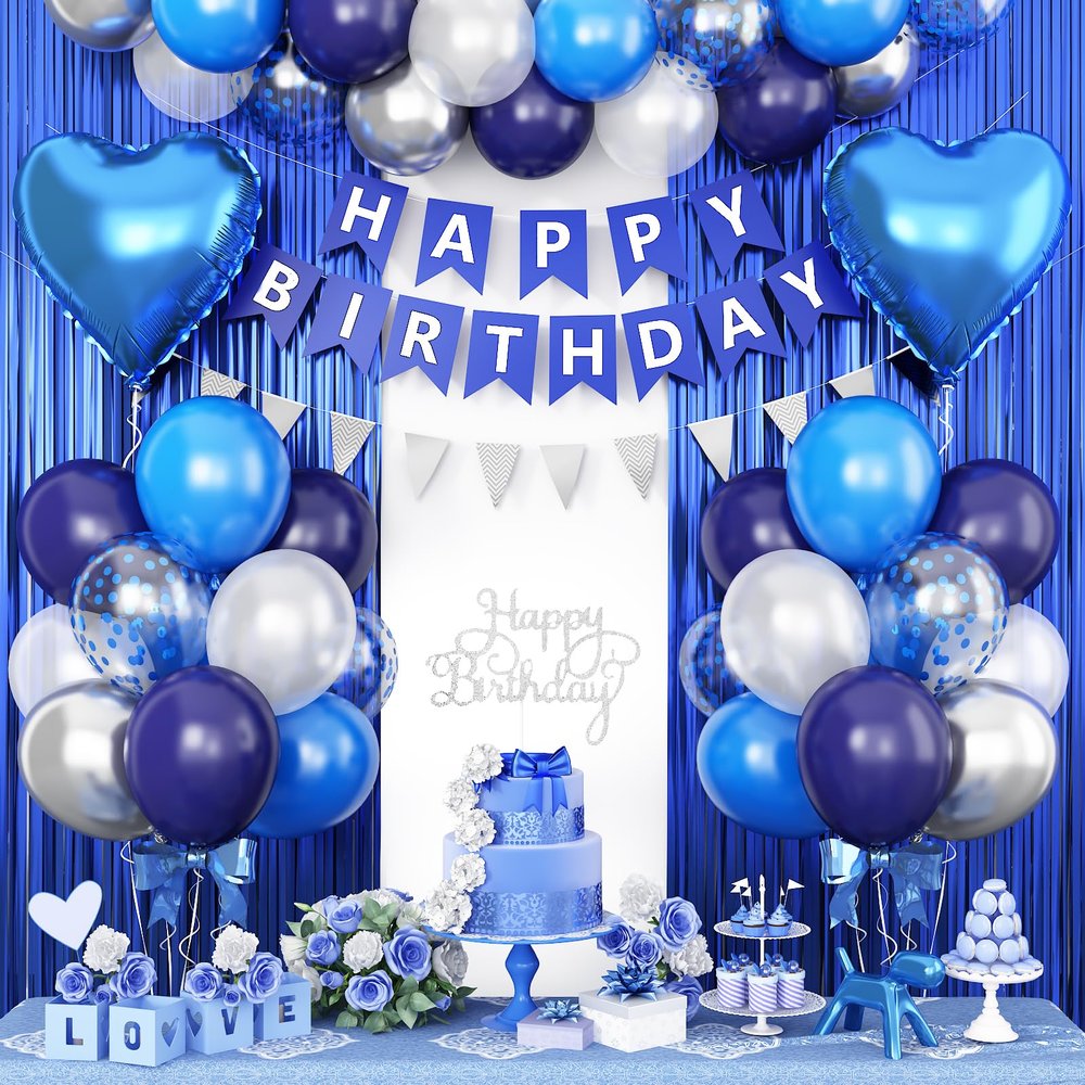Blue Silver & Navy Blue White Balloons Heart Foil Balloons Gold Happy Birthday Banner Fringe Curtain for Party Decorations