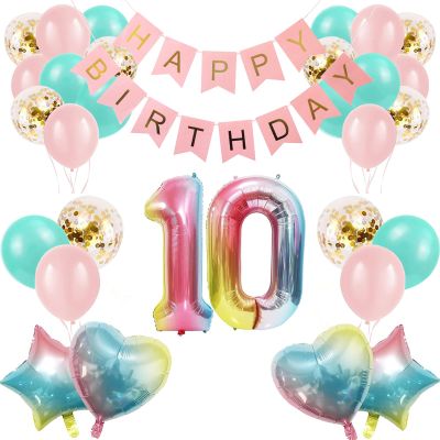 10th Birthday Gradient Color Balloons with Happy Birthday Banner and Party Supplies for Girls & Boys