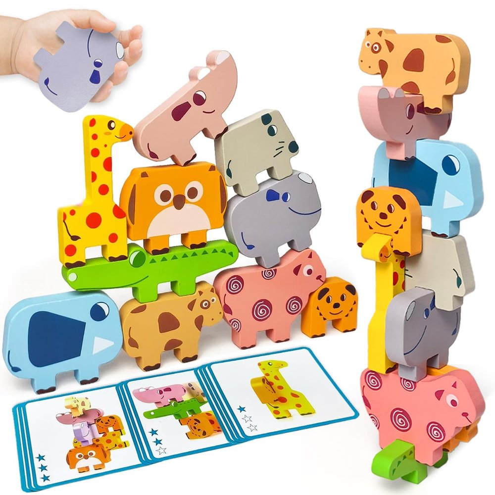Vaiheng Toys for Toddlers 1-3, Montessori Toys for 1 2 3 Year Old Boys & Girls, Toy Age 2-4 0-2 Kids Baby, 1 2 3 Year Old Girls Boys Gifts, Wooden Animal Blocks Stacking Education Puzzles Toy