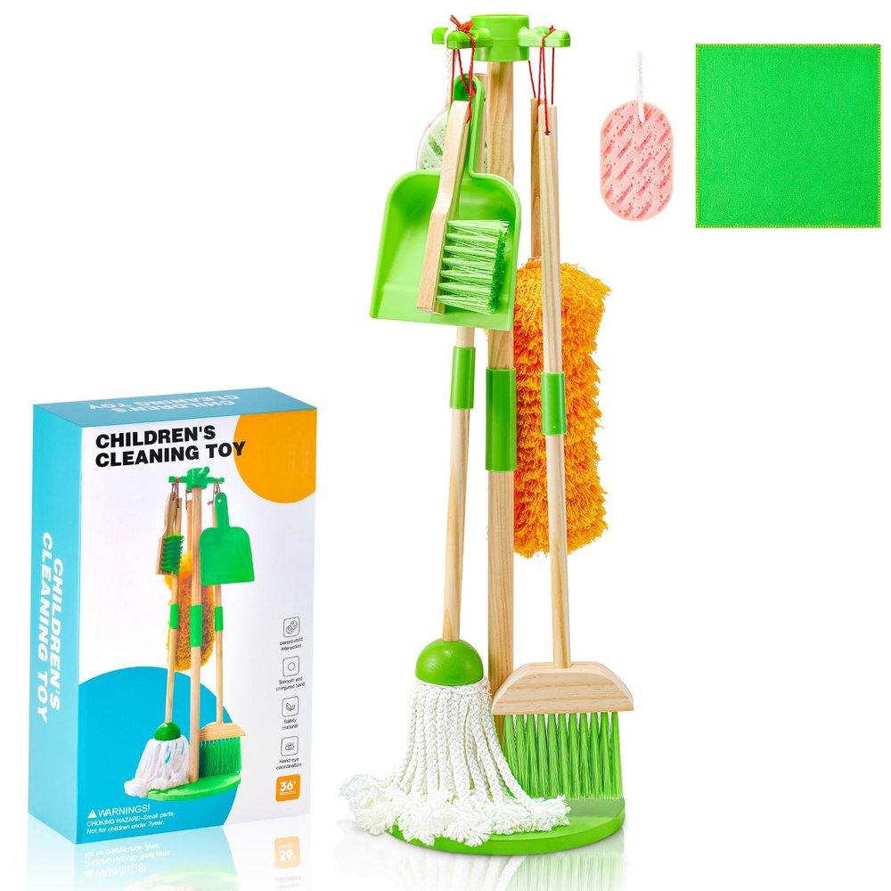WHOHOLL Wooden Kids Cleaning Set Toddler Broom Set for Housekeeping 8 Pcs Broom and Mop Set for Toddlers 3-6, Cleaning Toys with Dustpan Sponge, Christmas Birthday Gifts for Boys Girls (Green)