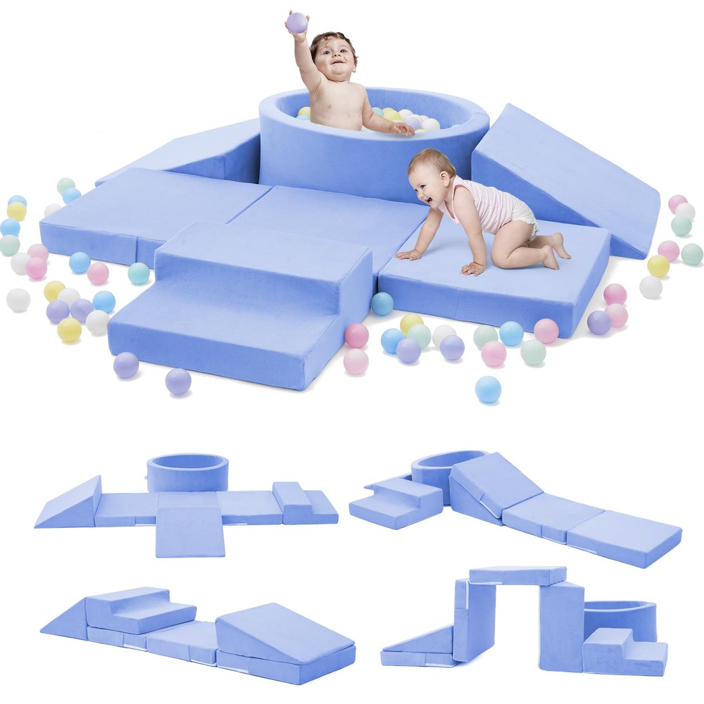 Elftopia Foam Climbing Blocks with Ball Pit & Stairs for Toddlers Aged 1-3 -Soft Playset for Indoor Crawling, Foam Playground Set for Baby to Active Playing Inside -(Balls NOT Included),Light Blue