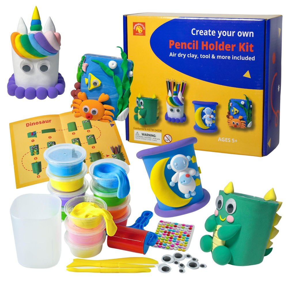 AwwAboutLife Air Dry Clay - Create Your Own Pen Holder Kit. Craft DIY for Kids/Art Activity Set/Holiday Birthday Gift/Dinasour Unicorn & Space. for Adults or Kids 4+