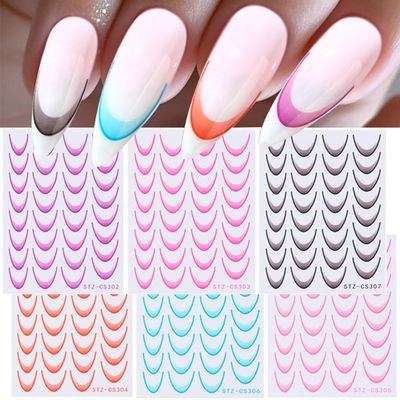 Gradient Color French Line Nail Art Stickers, 6 Sheets Colorful French Tip Nail Decals with Pink Coral Blue Black, Self-Adhesive Nail Guides Stripe Lines Sliders for DIY Nail Art Decorations