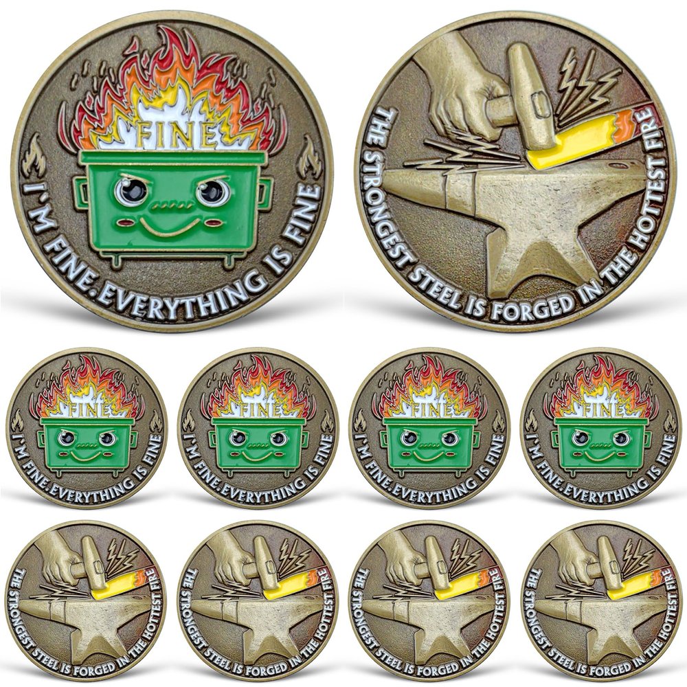 10 Pcs Dumpster Fire Challenge Coin, Everything is Fine Dumpster Fire Coin, Funny Desk Accessories, Inspirational Employee Appreciation Gifts, Emotional Support Gifts for Coworker, Boss, Men, Women