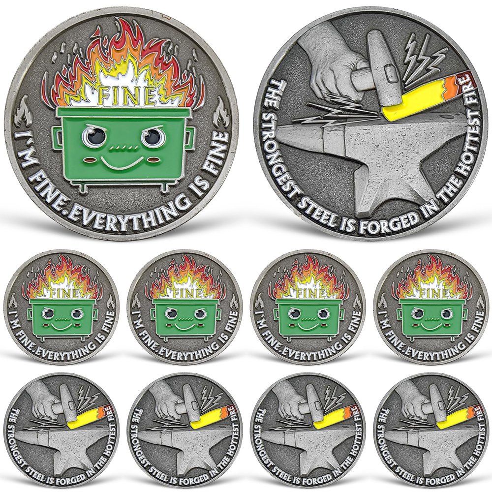 10 Pcs Dumpster Fire Challenge Coin, Everything is Fine Dumpster Fire Coin, Funny Desk Accessories, Inspirational Employee Appreciation Gifts, Emotional Support Gifts for Coworker, Boss, Men, Women