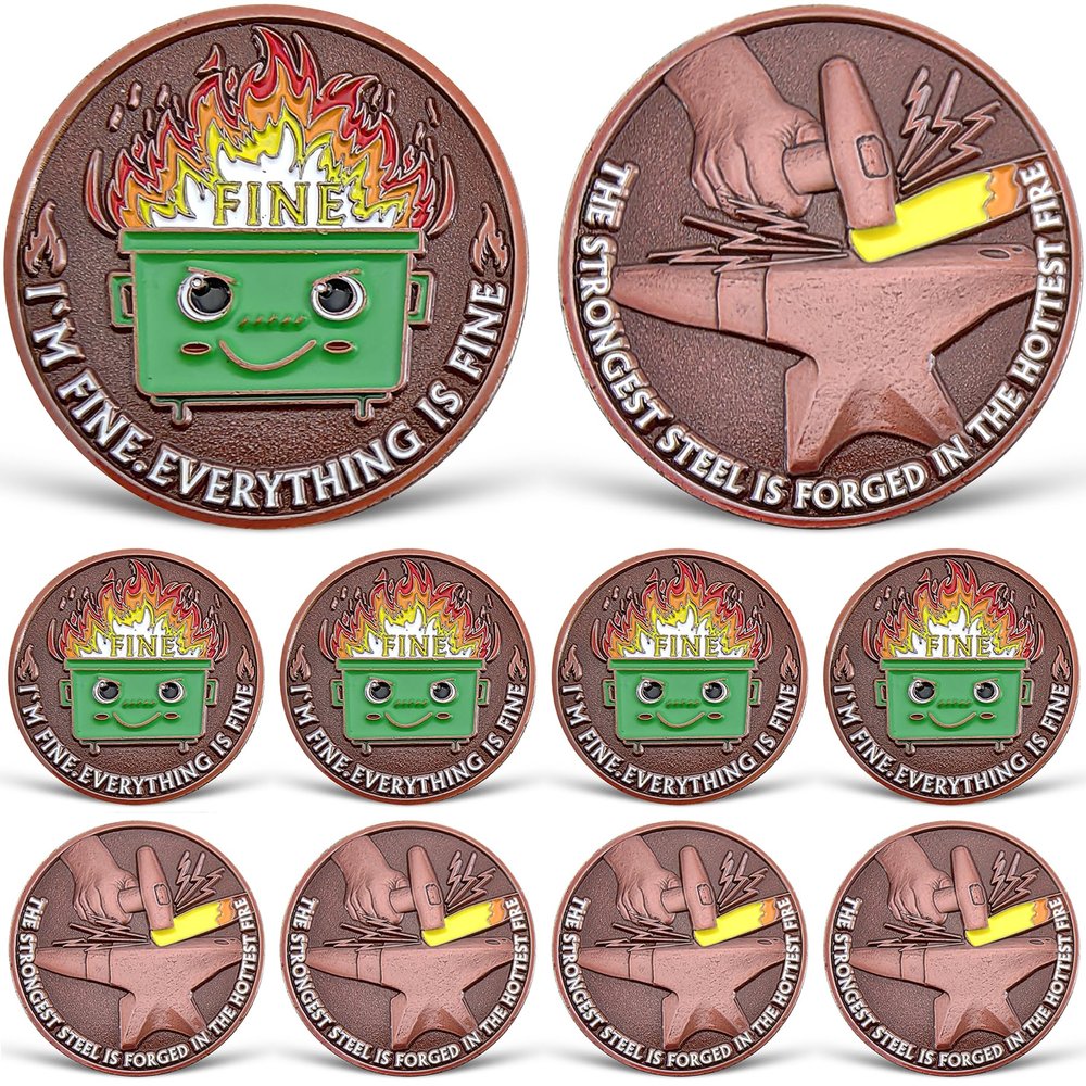10 Pcs Dumpster Fire Challenge Coin, Everything is Fine Dumpster Fire Coin, Funny Desk Accessories, Inspirational Employee Appreciation Gifts, Emotional Support Gifts for Coworker, Boss, Men, Women